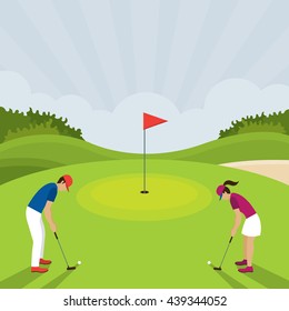 Man And Woman Playing Golf, Putt, On Green