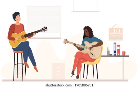 Man and woman are playing guitar in group. Musicians sing and make melody together in office. Musicians playing strings on instrument at workplace. People communicate about making music at work