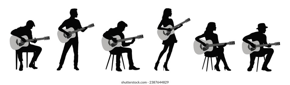 Man and woman playing guitar, woman guitarist silhouette vector Illustration