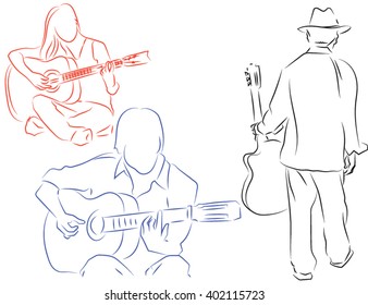 a man and a woman playing guitar, a set of drawings with musicians