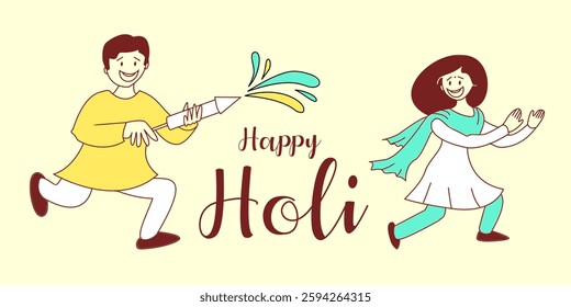 man and woman playing holi with color splash and running - simple illustration with three color tone scheme