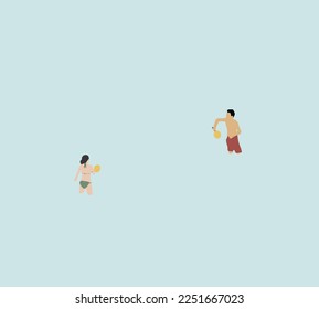 Man and woman playing ping pong in the water. Friends playing beach sports. Active Summer sport and games vacation concept