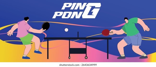 Man and woman playing ping pong, horizontal poster championship, table tennis competition. Vector design flat, tennis table, rackets, bright background