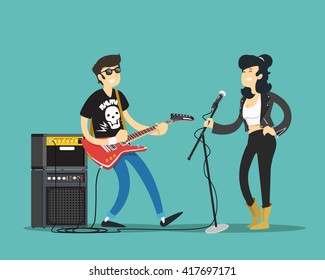 Man and woman playing rock music. Vector illustration.