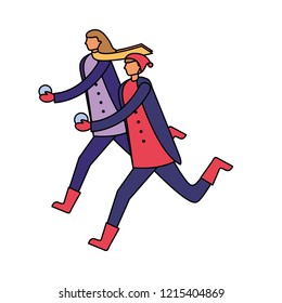 man and woman playing with snow ball winter
