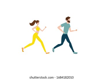 man and woman playing sports in the park, flat vector image of running couple