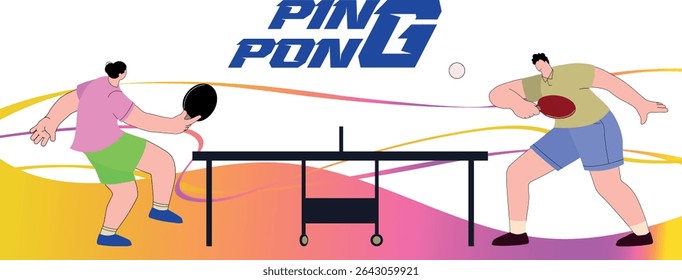 Man and woman playing table tennis, tournament poster flat style. Illustration championship ping pong, tennis table, sports club, racket sport, competition