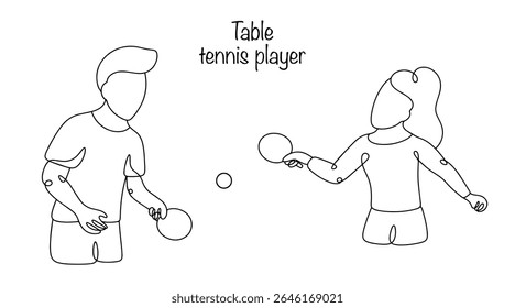 Man and woman playing table tennis. They hit the ball with a racket, trying not to let the opponent return the ball. Pair sport game. Isolated vector on white background for different uses.
