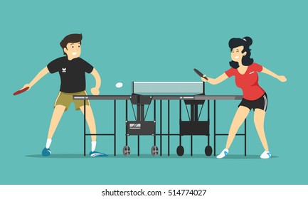 a man and woman playing table tennis. Vector illustration.