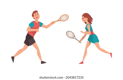 Man and Woman Playing Tennis as Racket Sport on Court Vector Set
