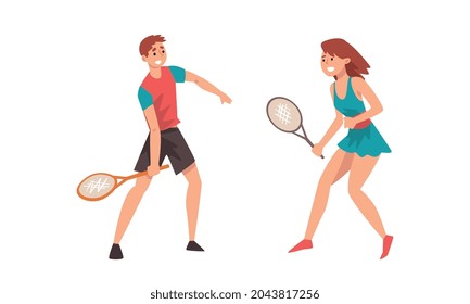 Man and Woman Playing Tennis as Racket Sport on Court Vector Set