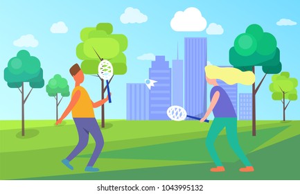 Man and woman playing tennis vector illustration isolated on background of city park. People active sport activities in cartoon style