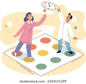 Man and woman playing twister at floor, people spend time together, happy family playing indoor game. Smiling couple, home activity, people have fun. Friends company joyful time inside, leisure