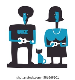 Man and woman playing the ukulele, simple vector illustration on white