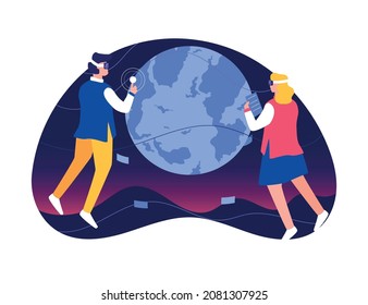 Man and woman playing using vector augmented reality innovation media entertainment with moon background vector illustration.