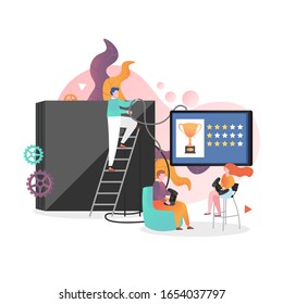 Man and woman playing video game using game console and controllers, vector illustration. Video gaming technologies concept for web banner, website page etc.