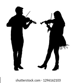 Man woman playing violin duet vector silhouette illustration isolated. Classic music performer concert. Musician artist amusement public. Violin virtuoso. Girl play string instrument. Couple in love.