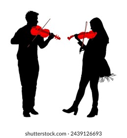 Man woman playing violin duet vector silhouette illustration isolated. Classic music performer concert. Musician artist amusement public. Violin virtuoso. Girl play string instrument. Couple in love.