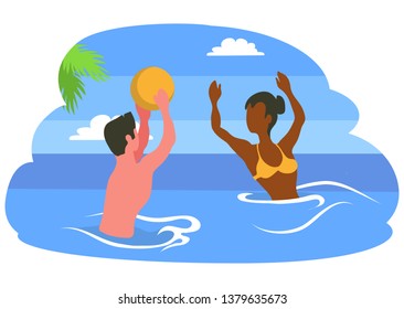 Man and woman playing volleyball in water, portrait and back view of splashing people in sea, cloudy sky. Girl wearing swimsuit and man holding ball vector