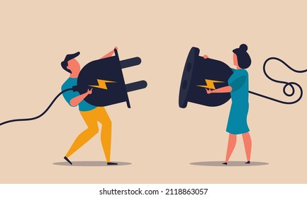 Man and woman plugin together with plug. Cooperation partnership with connect part socket vector illustration concept. Character solving  problem and agreement. Energy deal and business communication