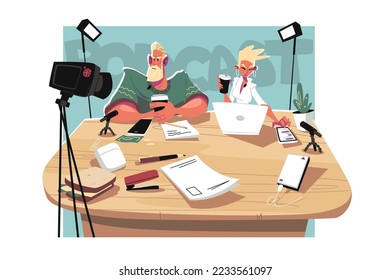 Man and woman podcaster vector illustration. People recording podcast, online radio show flat style. Podcasting and broadcasting concept