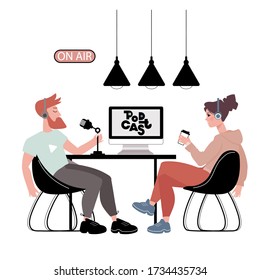 Man and woman podcasters interview each other for radio. Live streaming. social media network bloggers collaboration. Vloggers cartoon characters. Interview, podcast, video recording in studio.