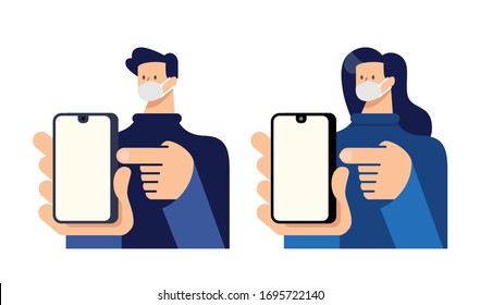 man and woman point finger to smartphone