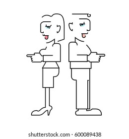 A man and a woman point with their finger. Linear flat vector picture