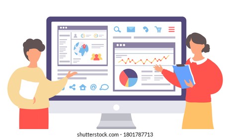 Mann und Frau zeigen auf der Webseite auf dem Computer. Programmierer oder Programmierer zeigen Arbeitsstatistik, Analyse auf der Website. Workers analysieren Diagramme Statistische Informationen, SEO-Konzept