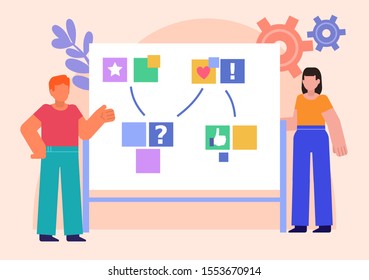 Man And Woman Point To Whiteboard And Talk. Presentation Or Meeting Concept. Poster For Social Media, Web Page, Banner, Presentation. Flat Design Vector Illustration