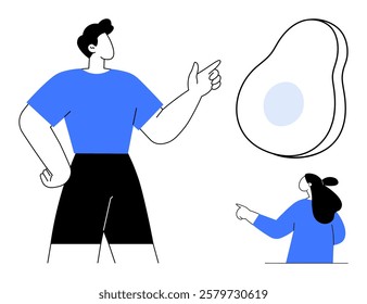 Man and woman pointing at an abstract shape avocado. Ideal for creativity, education, teamwork, communication and modern design themes. Simple lines and vibrant colors, modern style