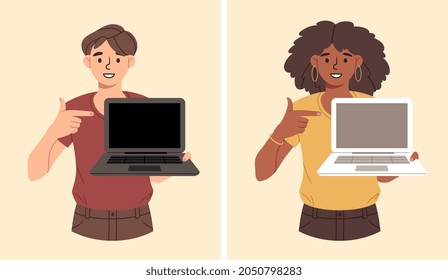 Man and woman pointing finger at laptop. Modern technologies, pictures for online store, sale of devices. Happy people point to blank screen. Cartoon vector illustration isolated on yellow background
