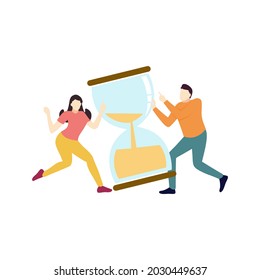Man and woman pointing to large sand clock Time management people character flat design vector illustration