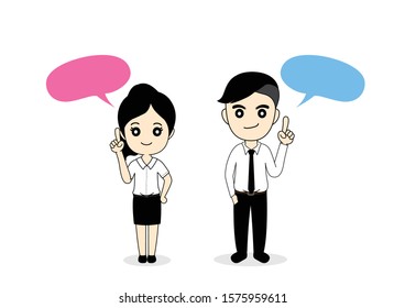 Man and woman pointing speech bubble, Students with dialog speech bubbles, Cartoon vector illustration