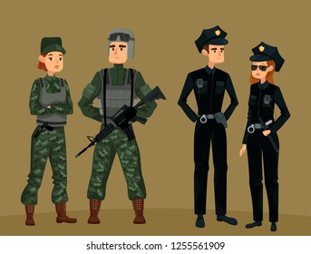 Man And Woman Police Near Male And Female Soldiers. Policeman And Policewoman And Cartoon American Troops, Special Force. Military Officers And Guard Service. People And Warrior, Work And Job Theme