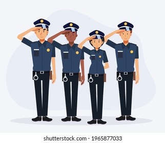 man and woman police officer characters salute, team of cops. flat vector cartoon character illustration.