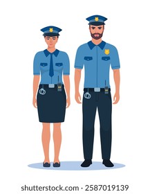 Man and woman police officer characters in gray and blue uniform standing in front view. Profession people concept. Job at police station. Policeman character.