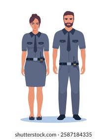 Man and woman police officer characters in gray and blue uniform standing in front view. Profession people concept. Job at police station. Policeman character.