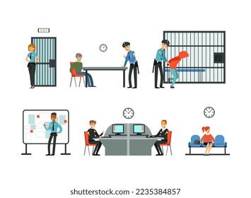 Man and Woman Police Officer Working in Department with Suspect Interrogation and Arrested Criminal Vector Set