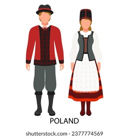 Un hombre y una mujer con trajes folclóricos polacos. Un par de polacos. Cultura y tradiciones de Polonia. Ilustración, vector