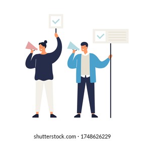 Man and woman political agitators with megaphone and banners vector flat illustration. Active people on demonstration shouting with loud speakers isolated on white. Agitation campaign