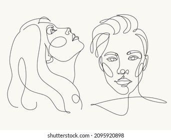 Man and woman Portrait line drawing. Valentine Love poster. Line art vector. Minimalist  illustration