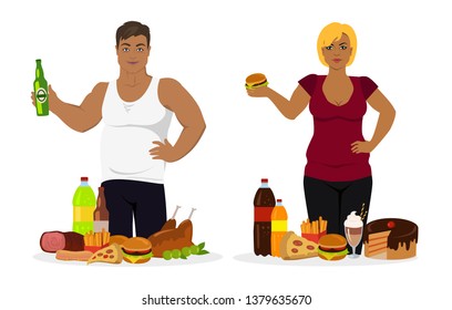 Man and woman portrait view holding hamburger and bottle. Fast food and overweight people, unhealthy meal, cake and pizza, potato and chicken vector. Fat peoples with unhealthy food