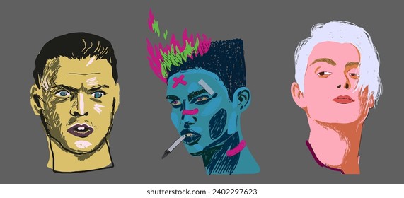 man and woman portraits stylized grunge in vector.handmade raw dirty drawing with detail.design object for logo sticker avatar print icon