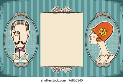 Man and woman portraits.Retro background for text on old paper