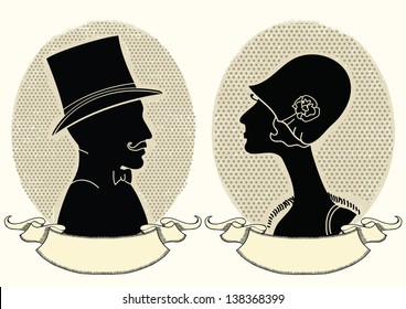 Man and woman portraits.Vector vintage illustration