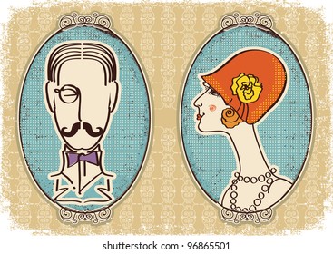 Man and woman portraits.Vector vintage image