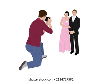 Man and woman posing for the photographer in front of the camera. Photo session for the wedding day. Photographs for the memory of the celebration. Flat vector illustration isolated on white backgroun