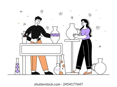 Man and woman with pottery simple. People make vase from clay. Creativity and art. Workshop or studio. Ceramics dishware production. Doodle flat vector illustration isolated on white background