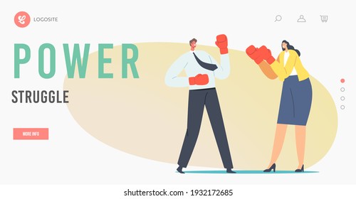 Man and Woman Power Struggle Landing Page Template. Male and Female Characters Battle in Boxing Gloves, Fight for Leadership and Gender Equality in Career, Strength. Cartoon People Vector Illustration